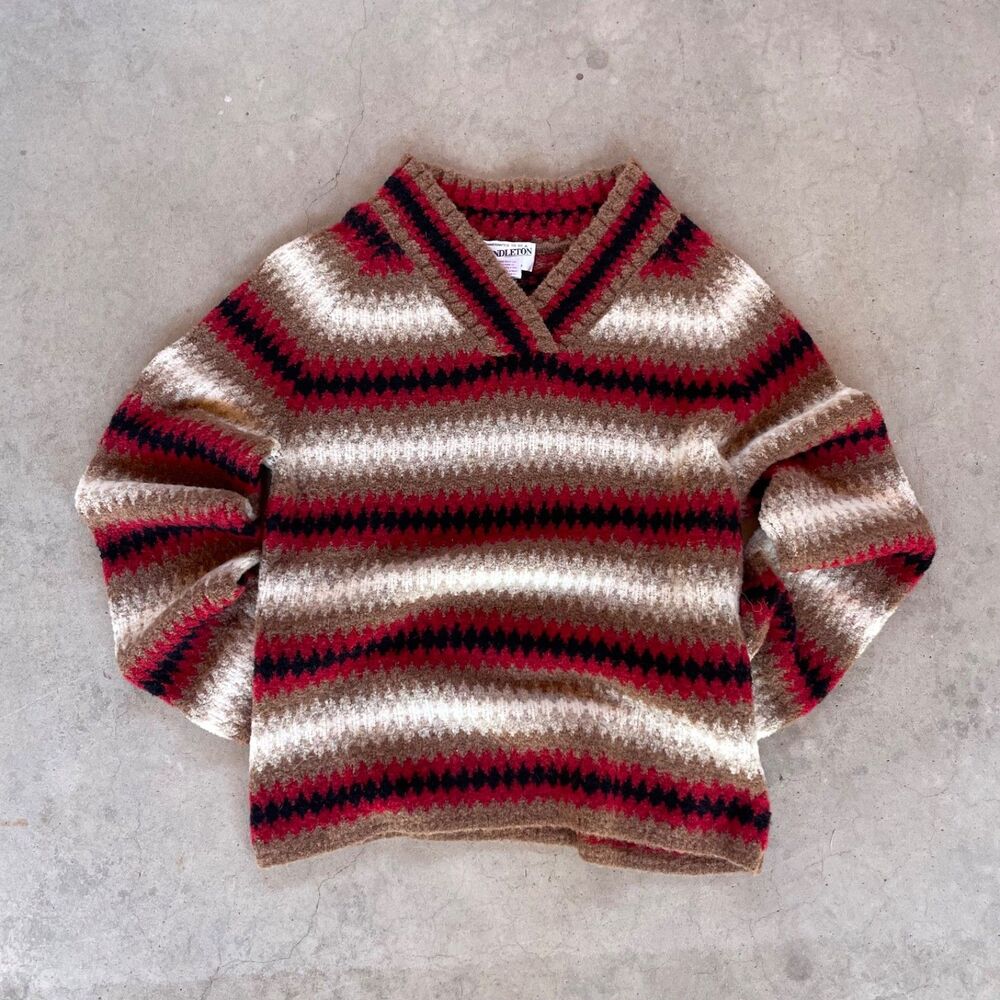 Women 90s Pendleton striped wool sweater red black white winter cardigan